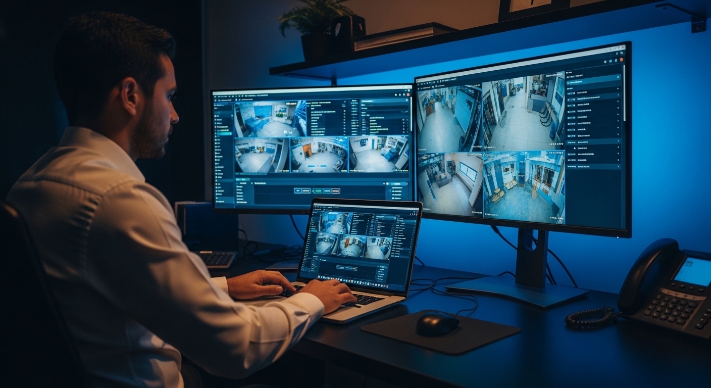 Técnico monitorando sistema de câmeras remotamente