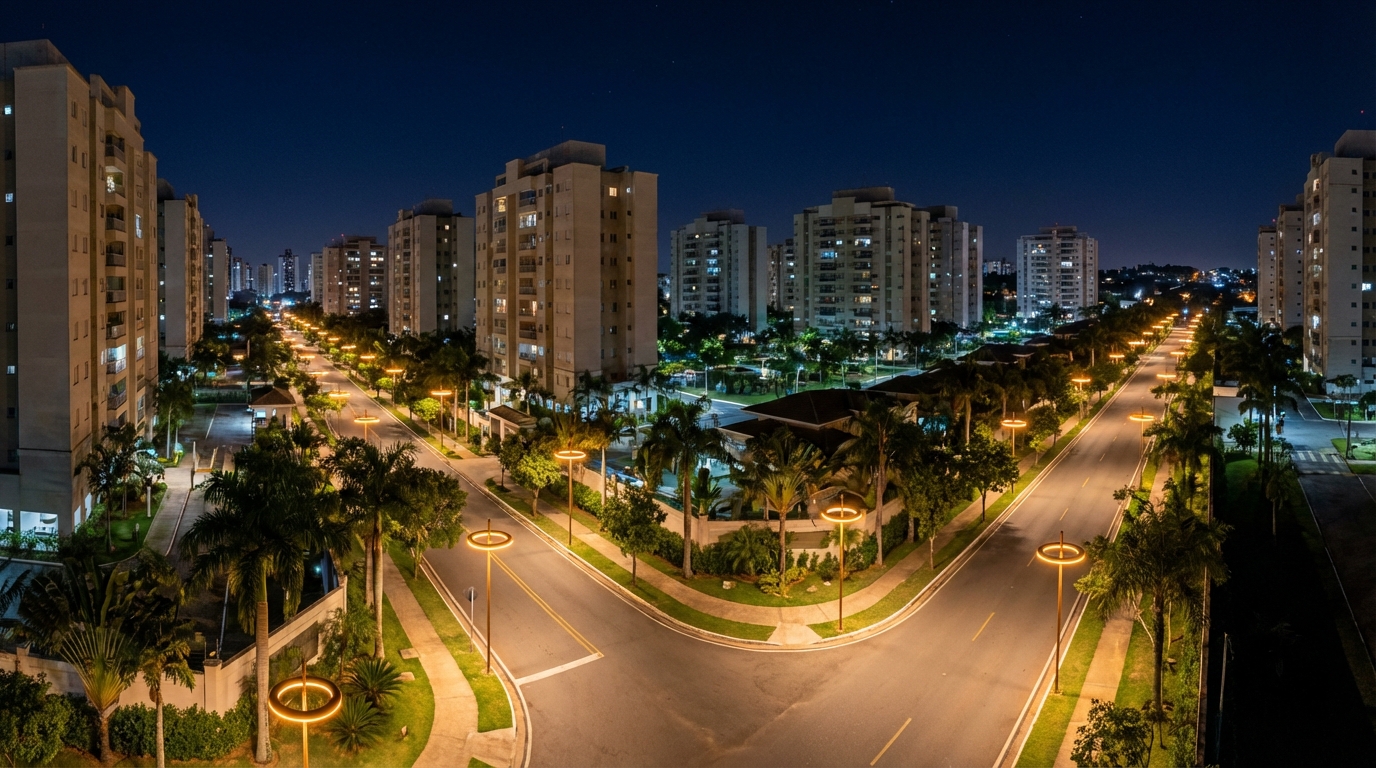 Área monitorada com postes de segurança inteligente